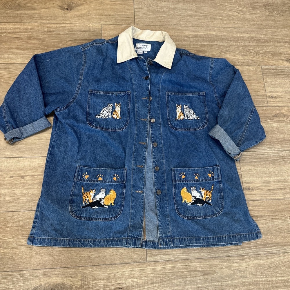 Vtg Casey Coleman Denim Cat Embroidered Button-Up Chore Jacket Cottagecore 2XL